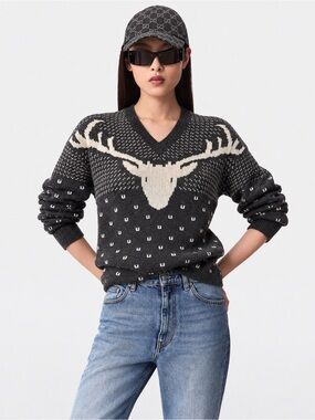 J. Crew Reindeer Intarsia V-Neck Sweater Merino Wool Blend Gray S